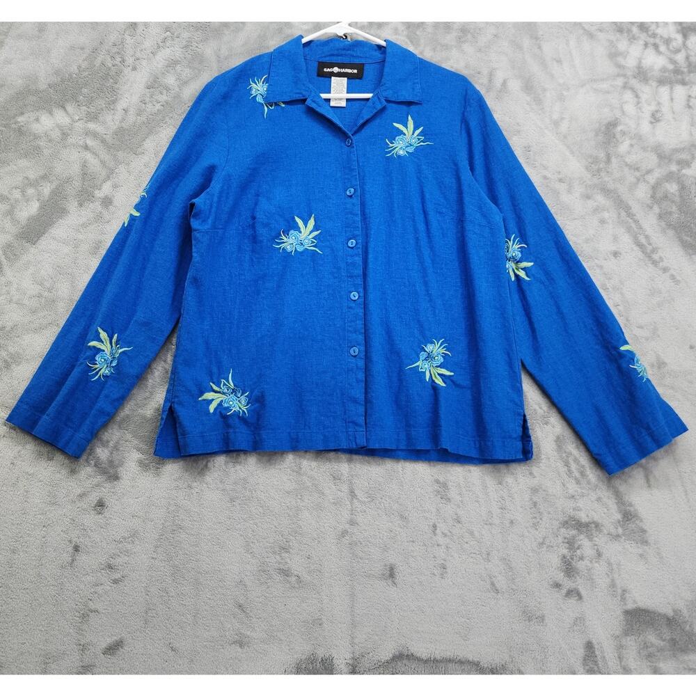 Vintage Sag Harbor Top Womens M Blue Floral Embroidered Linen Blend Long Sleeves